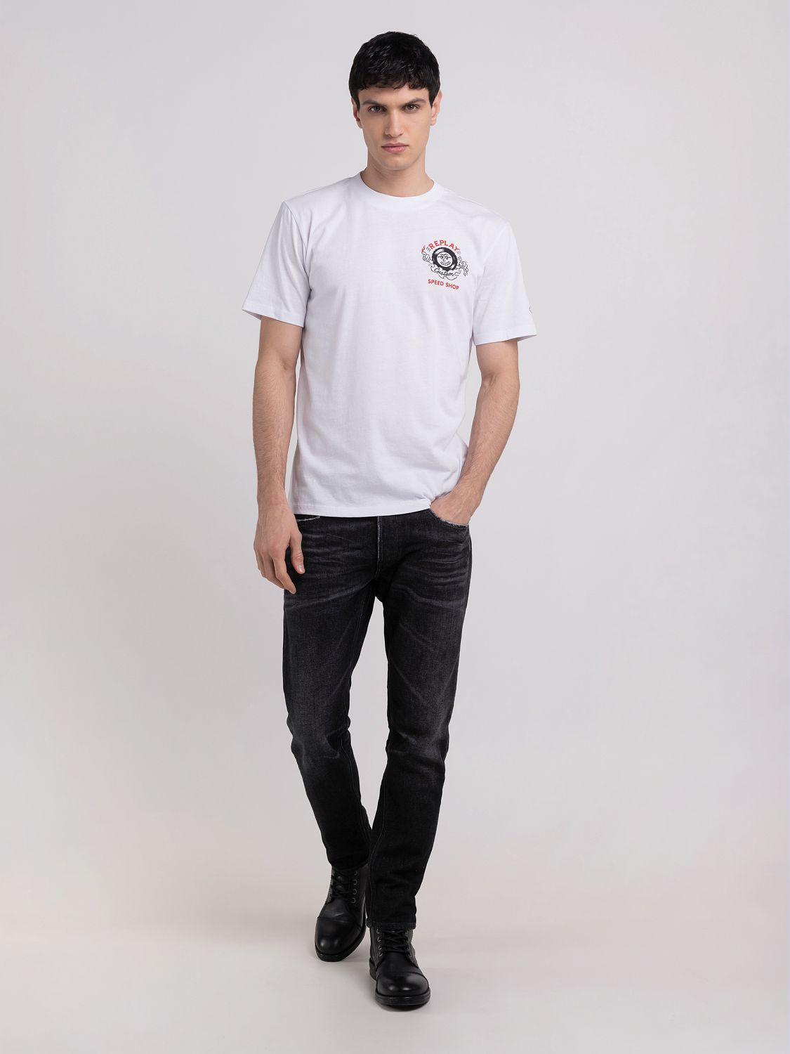 REPLAY JERSEY T-SHIRT WITH BIKER PRINT